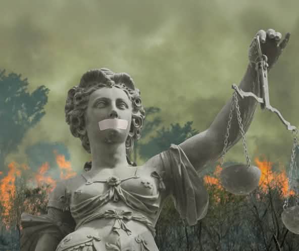 Fotomontaggio: Justitia davanti alla foresta tropicale in fiamme