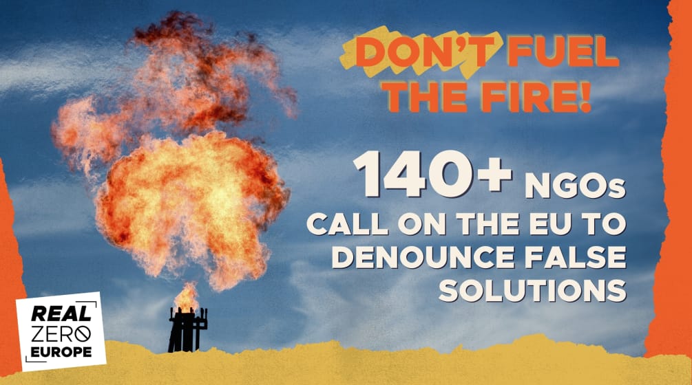 Fotomontaggio: Non buttate benzina sul fuoco! Oltre 140 ONG chiedono all'UE di denunciare le false soluzioni