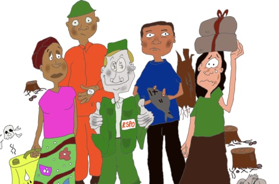 Illustrazione che mostra un rappresentante della RSPO soddisfatto del business dell'olio di palma, mentre le popolazioni delle comunità rimangono in povertà.