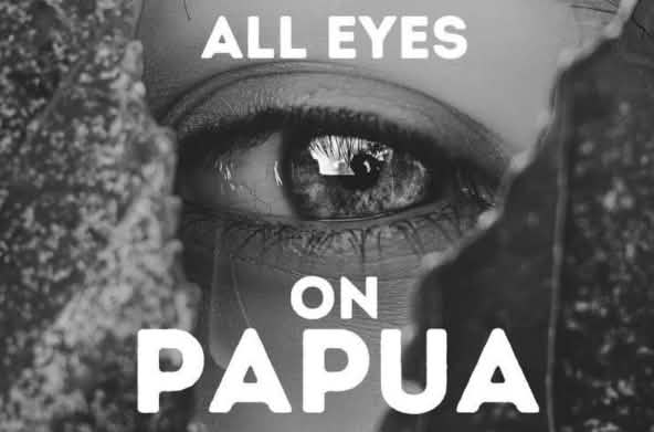 Immagine in bianco e nero di un occhio con la scritta Tutti gli occhi su Papua