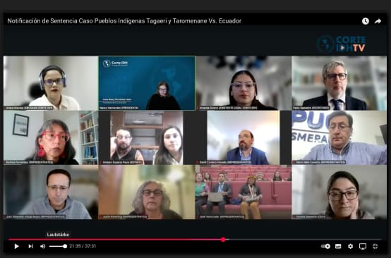 Screenshot Youtube Corte Interamericana dei Diritti Umani CIDH Ecuador, durante la lettura della sentenza a favore delle popolazioni indigene in isolamento volontario
