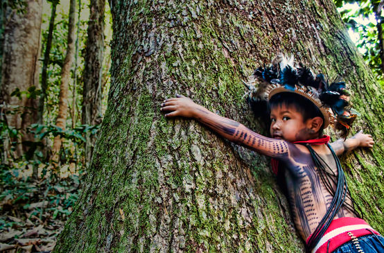 Bambino del popolo Paiter Surui del Brasile