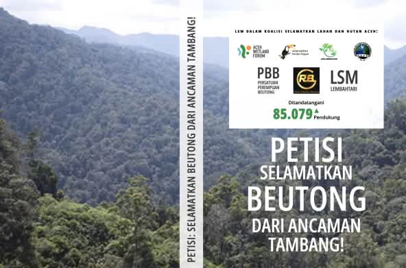 Fotomontaggio con la foresta di Aceh sulklo sfondo e i logo delle organizzazioni che hanno sostenuto la petizione