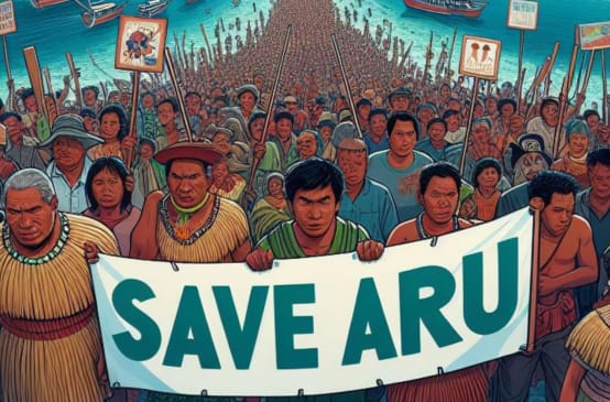 Quadro di folla con manifesto "Save Aru", sullo sfondo mare e navi