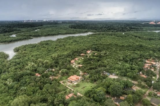 Vista aerea delle case immerse nella rigogliosa vegetazione amazzonica e, sullo sfondo, un fiume con mangrovie sulle rive a Tauá Mirim, Maranhao, Brasile