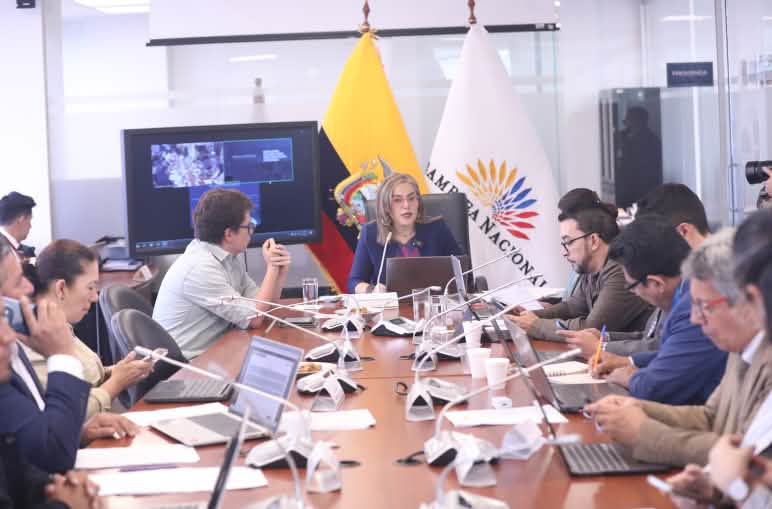 Membri della Veeduría Ciudadana che vigila sul processo per conservare indefinitamente nel sottosuolo il greggio del blocco 43 ITT dello Yasuní compaiono davanti alla Commissione per le Garanzie Costituzionali il 25 marzo 2026