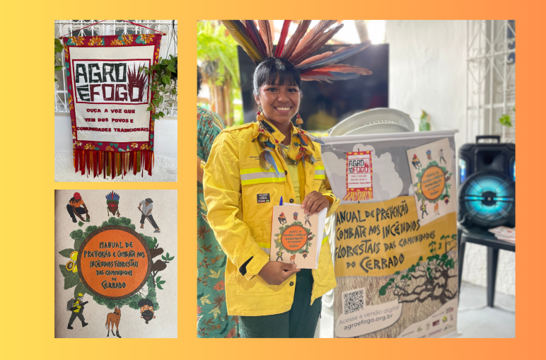 Collage fotografico con Fabiana Martins, giovane indigena di 22 anni che guida una brigata volontaria di donne antincendio del popolo indigeno Gavião, nello Stato brasiliano del Maranhão