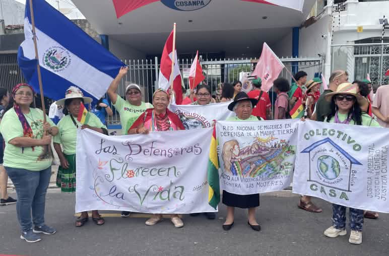 Un gruppo della Rete Latinoamericana di Donne Difenditrici dei Diritti Sociali e Ambientali con striscioni, durante la manifestazione globale per il clima, a Belém, novembre 2025.