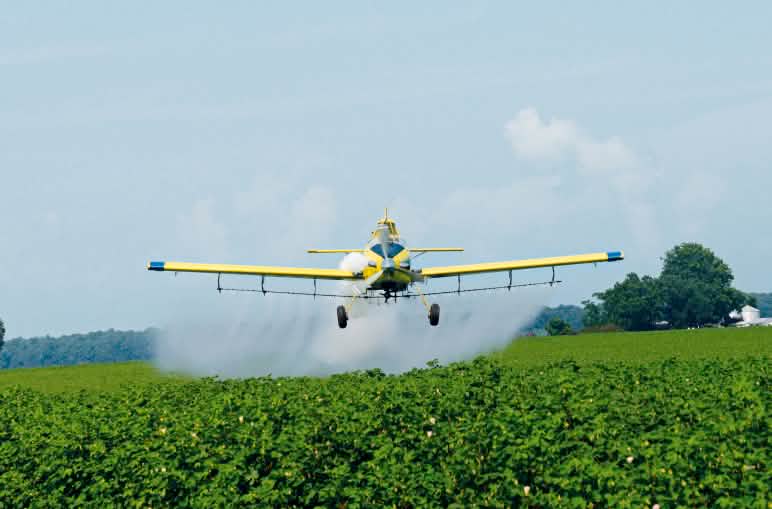 Aerei che spruzzano glifosato su un campo di soia