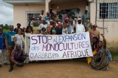 Un gruppo di persone colpite protesta con uno striscione che recita (in francese): "Stop all'espansione delle piantagioni di alberi da monocoltura in Africa".