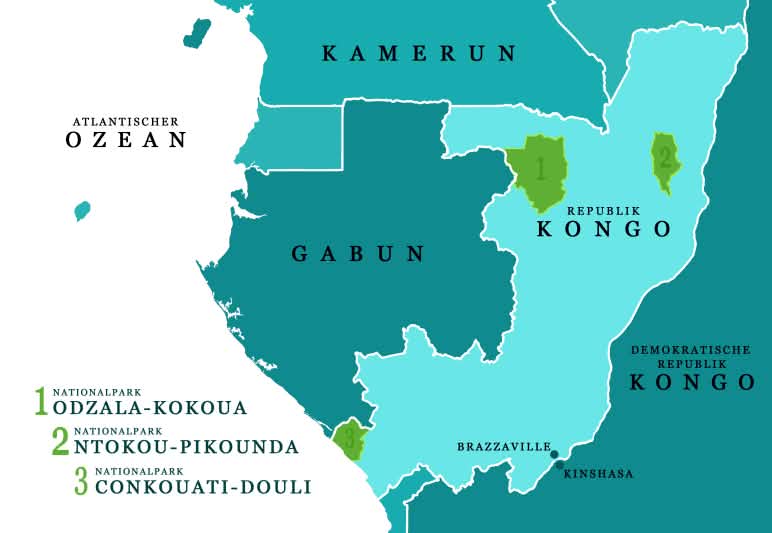 Mappa della Repubblica del Congo e dei paesi confinanti con l'indicazione dei tre parchi nazionali