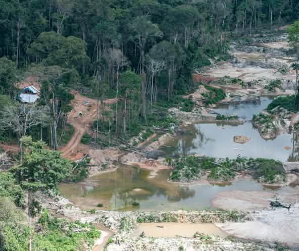 Veduta aerea dell'estrazione illegale di oro nell'Amazzonia brasiliana.