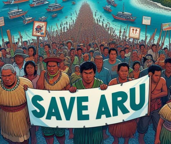 Quadro di folla con manifesto "Save Aru", sullo sfondo mare e navi