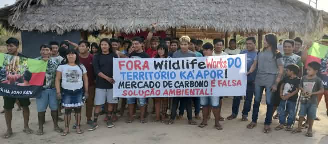 Più di 30 indigeni Ka'apor si trovano davanti a una casa tradizionale con pilastri di legno e tetto di paglia. Le persone reggono uno striscione di protesta che recita: "Wildlife Works fuori dal territorio Ka'apor! Il mercato del carbonio è un falso sole