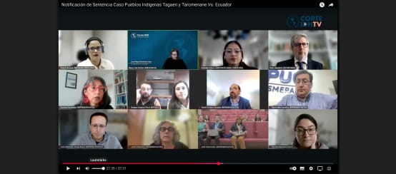 Screenshot Youtube Corte Interamericana dei Diritti Umani CIDH Ecuador, durante la lettura della sentenza a favore delle popolazioni indigene in isolamento volontario