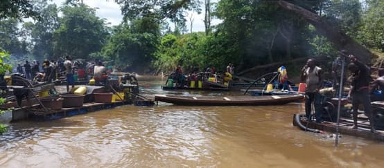 In prossimità del Parco Nazionale di Taї nei fiumi si sono concentrati centinaia di cercatori d'oro illegali. (© anonym) Cercatori d'oro in un fiume in Costa d'Avorio