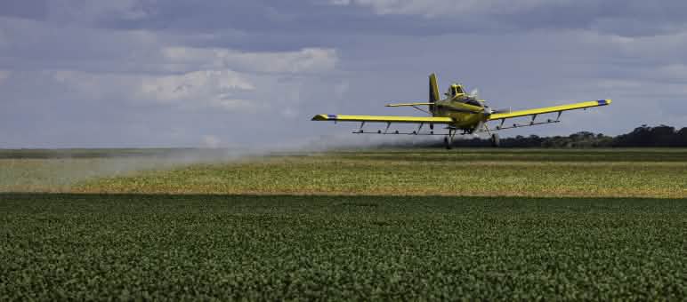 Irrorazione aerea di pesticidi sulle monocolture di soia