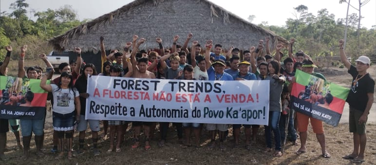 Con le braccia tese e i pugni stretti, più di 30 persone di Ka'apor protestano davanti a una casa con pilastri di legno e tetto di paglia. Alcuni di loro reggono uno striscione che recita: "Forest Trends, la foresta non è in vendita".