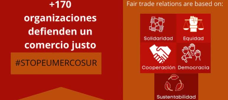 Grafico con didascalia "+170 organizzazioni si battono per il commercio equo e solidale #StopEUMercosur".