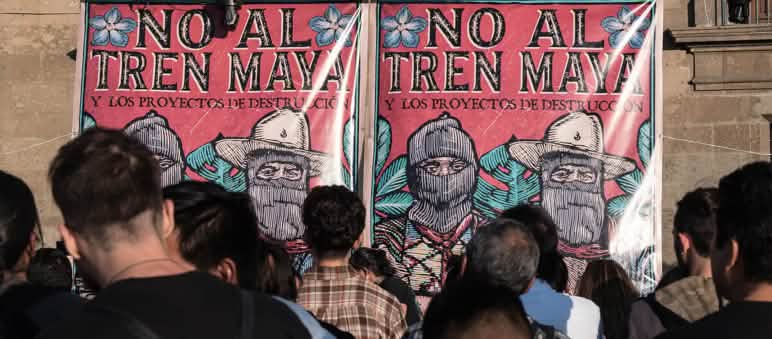 Messico: una manifestazione contro il megaprogetto Treno Maya Uno striscione " No al Tren Maya"