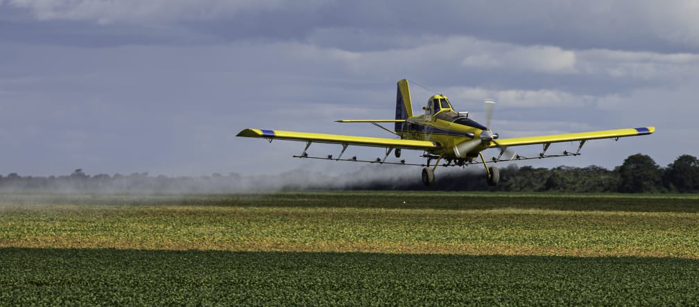 Un aereo a elica irrora dall'alto un campo di soia con pesticidi.
