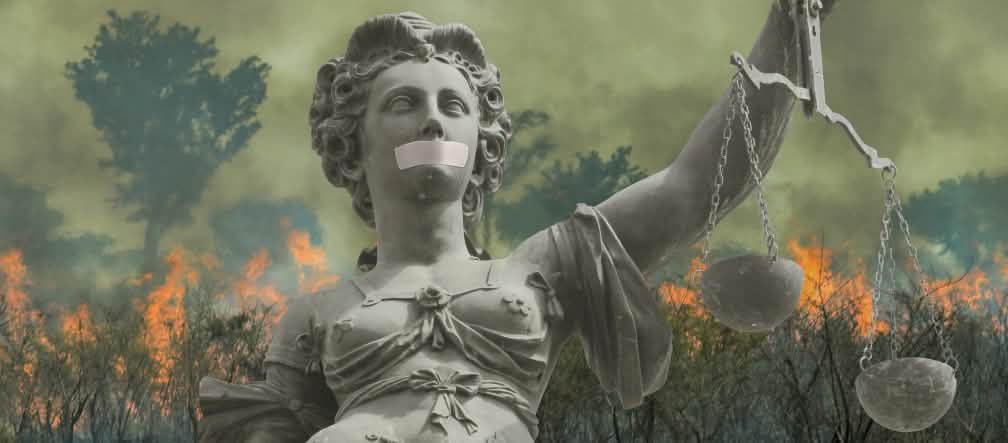 Fotomontaggio: Justitia davanti alla foresta tropicale in fiamme