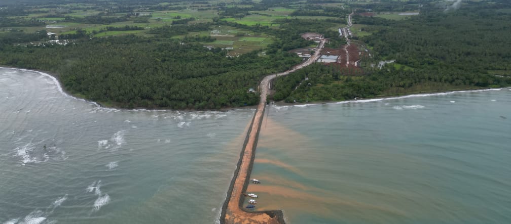 Un pontile marrone conduce dalla miniera di nichel nella foresta pluviale verso il mare. Vista aerea