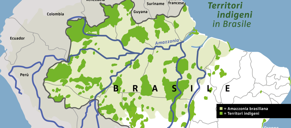 Mappa dei territori indigeni colpiti (verde scuro) nell'Amazzonia brasiliana (verde chiaro).