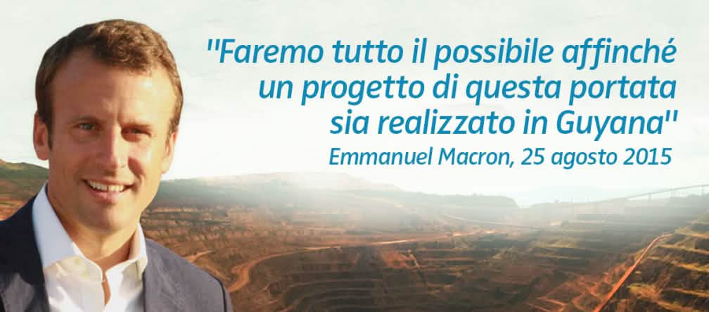 Fotomontaggio: Emmanuel Macron con un esempio di una miniera industriale sullo sfondo. Citazione: "Faremo tutto il possibile affinché un progetto di questa portata sia realizzato in Guyana" Fotomontaggio: Emmanuel Macron con un esempio di una miniera industriale sullo sfondo. Citazione: "Faremo tutto il possibile affinché un progetto di questa portata sia realizzato in Guyana"
