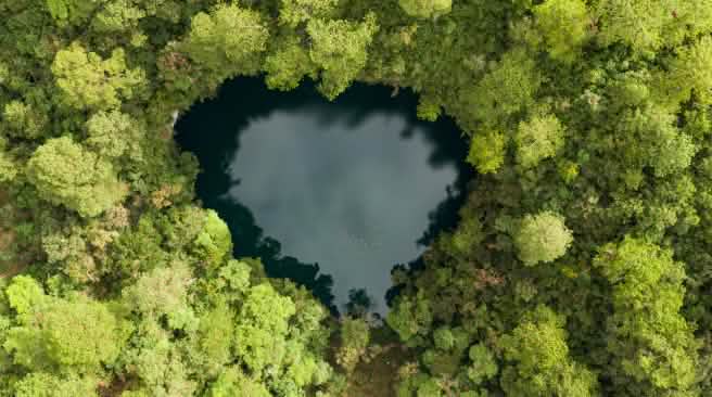 Una laguna a forma di cuore dalle acque scure circondata da una fitta selva verde; vista dall’alto si distingue chiaramente il contrasto tra l’acqua e la foresta.