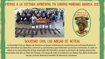 L’organizzazione Sociedad Civil Las Abejas de Acteal riceverà il premio "Mariano Abarca" per la difesa ambientale in Chiapas.