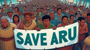 Quadro di folla con manifesto "Save Aru", sullo sfondo mare e navi