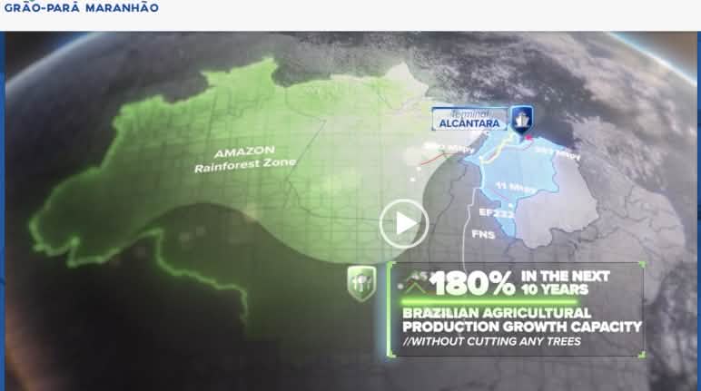 Schermata del video di presentazione del progetto Grão-Pará Maranhão sul sito web della DB, minuto 1:53; fonte: https://db-eco.com/de/brasiliens-multimodale-logistiklosung-fur-nachhaltige-versorgungsketten/ Schermata di un video di progetto della società operativa