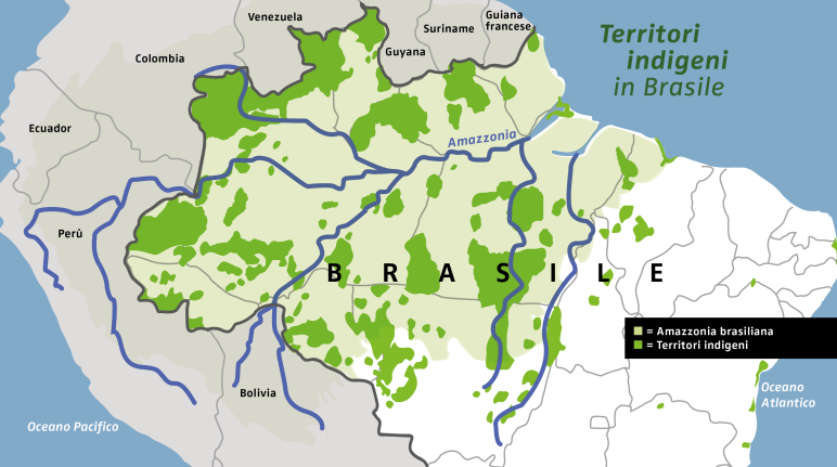 Mappa dei territori indigeni colpiti (verde scuro) nell'Amazzonia brasiliana (verde chiaro).