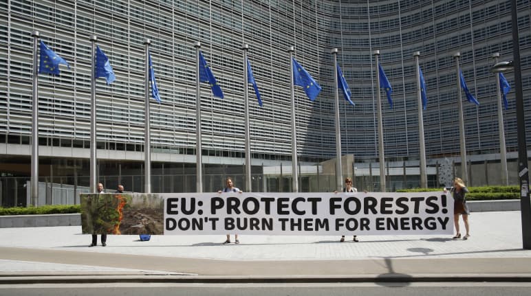 Striscione contro l'energia del legno a Bruxelles