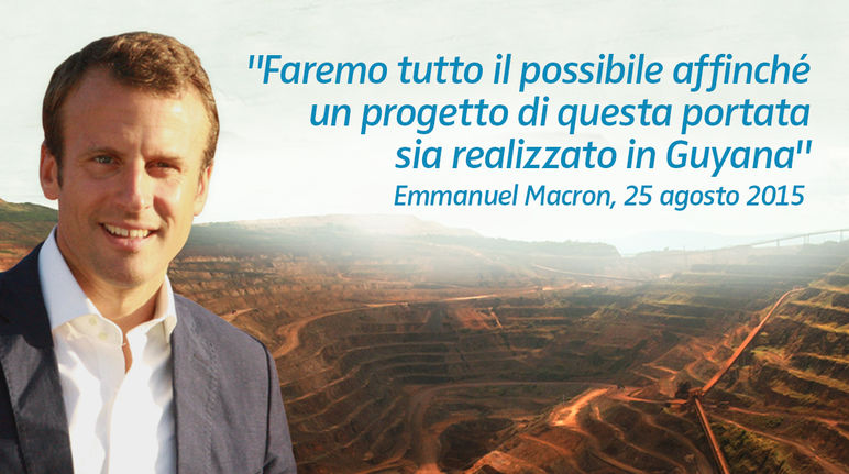 Fotomontaggio: Emmanuel Macron con un esempio di una miniera industriale sullo sfondo. Citazione: "Faremo tutto il possibile affinché un progetto di questa portata sia realizzato in Guyana" Fotomontaggio: Emmanuel Macron con un esempio di una miniera industriale sullo sfondo. Citazione: "Faremo tutto il possibile affinché un progetto di questa portata sia realizzato in Guyana"
