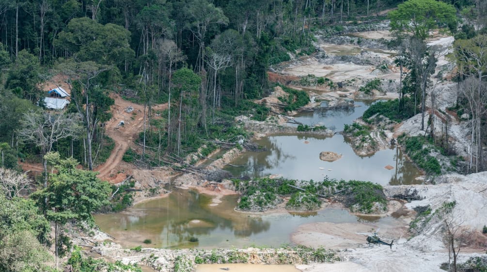 Veduta aerea dell'estrazione illegale di oro nell'Amazzonia brasiliana.