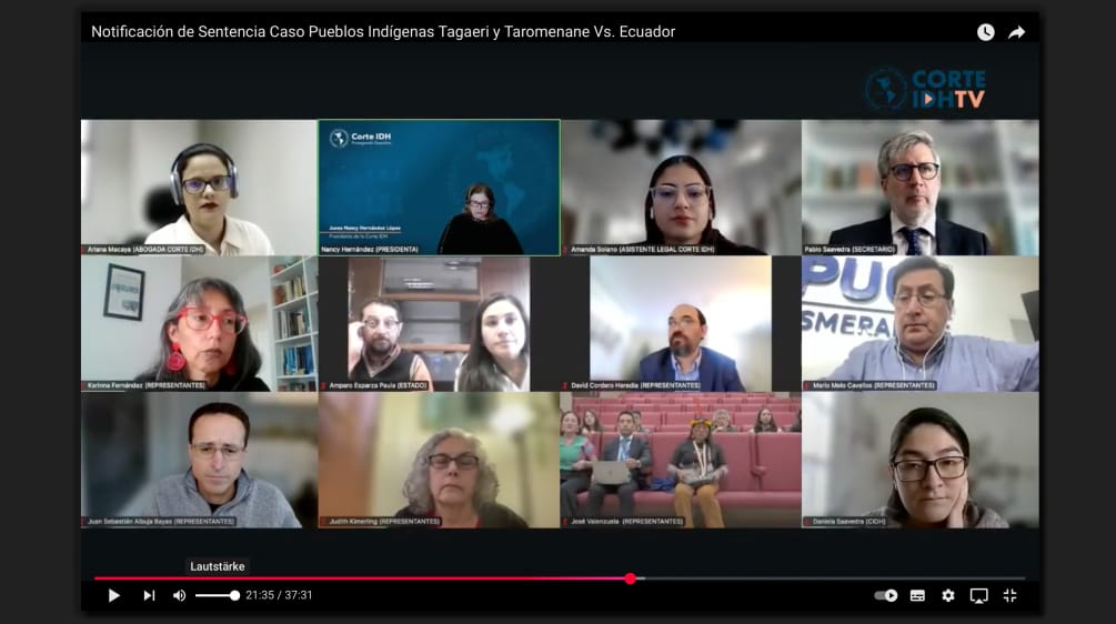 Screenshot Youtube Corte Interamericana dei Diritti Umani CIDH Ecuador, durante la lettura della sentenza a favore delle popolazioni indigene in isolamento volontario