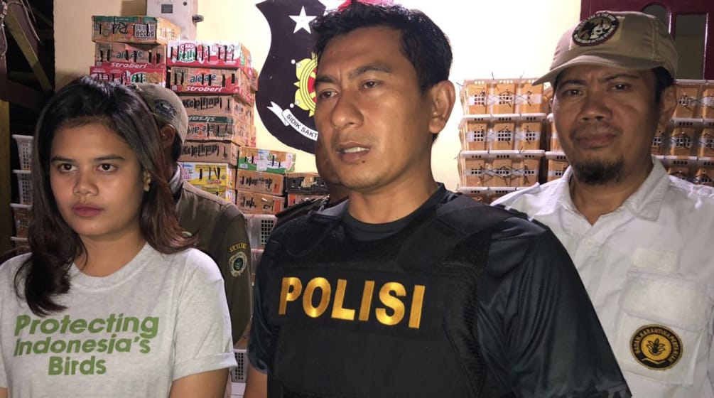 Una giovane donna con la maglietta di FLIGHT e un poliziotto in un magazzino pieno di casse di uccelli