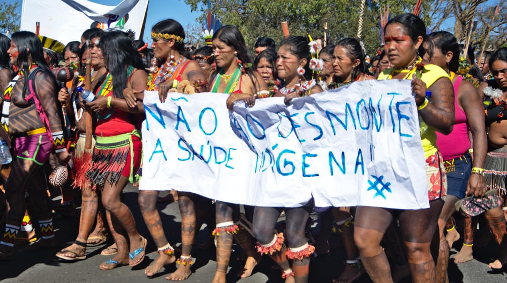 Marcia e manifestazione delle donne indigene contro la deforestazione e per l'assistenza sanitaria ai popoli indigeni, nel 2020. Donne indigene del Brasile marciano contro la distruzione della foresta