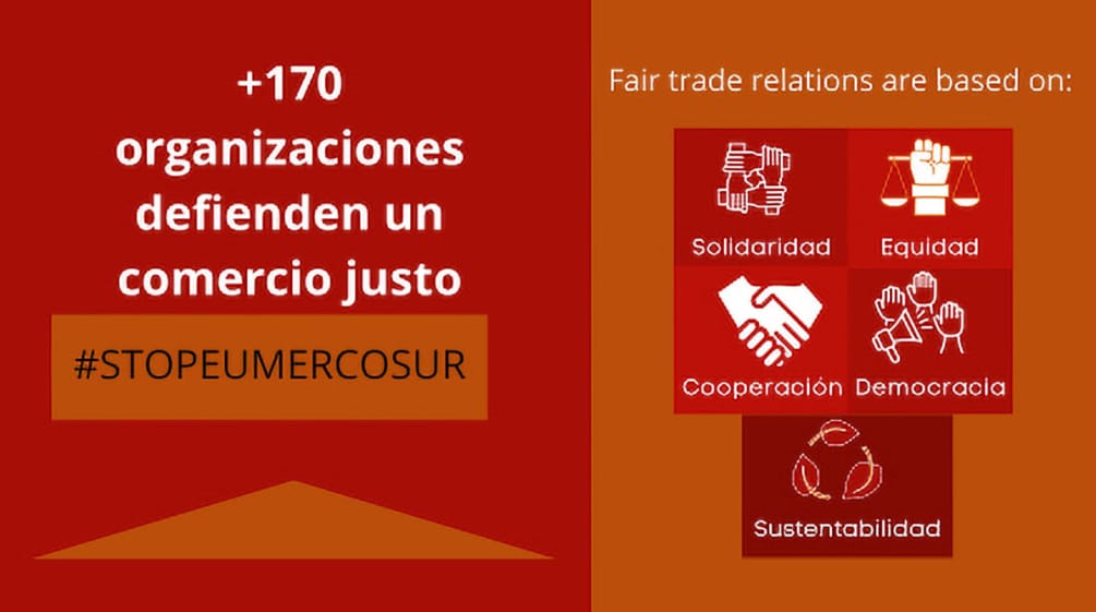 Grafico con didascalia "+170 organizzazioni si battono per il commercio equo e solidale #StopEUMercosur".