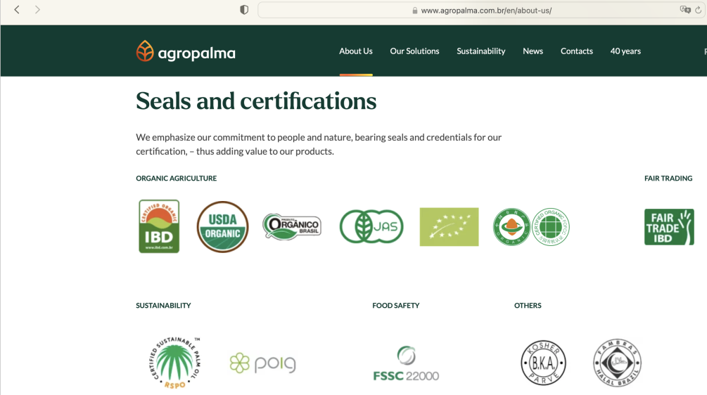 Schermata del sito web di Agropalma con i loghi dei diversi "sigilli" assegnati all'azienda.