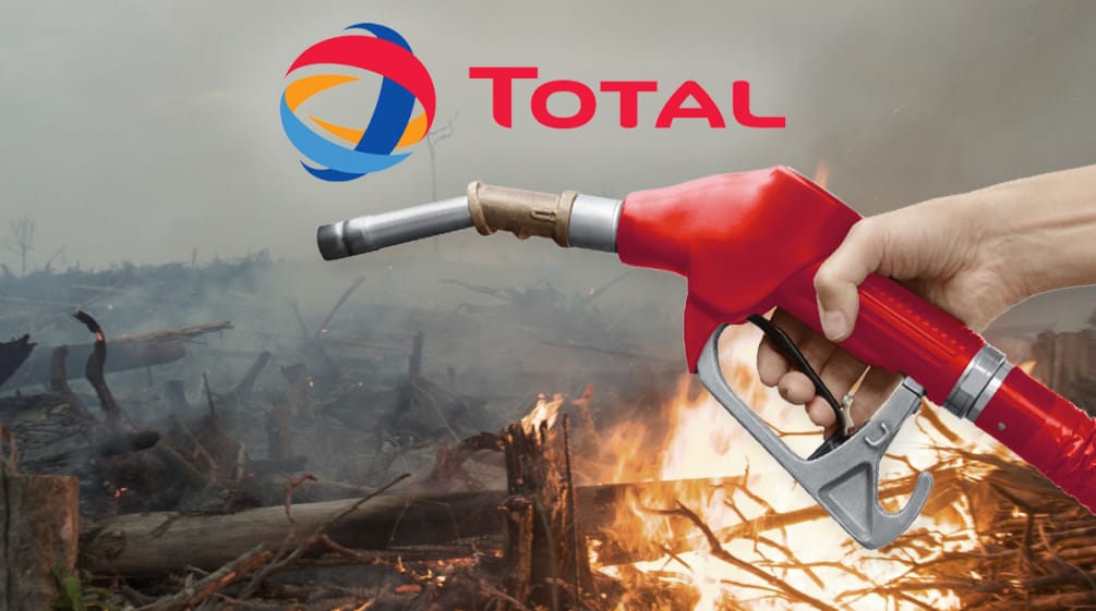 Fotomontaggio con immagini di deforestazione con un logo della compagnia Total sovrapposto.