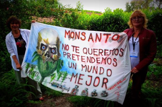 Sofía gatica e la giornalista Monique Robin manifestando contro Monsanto
