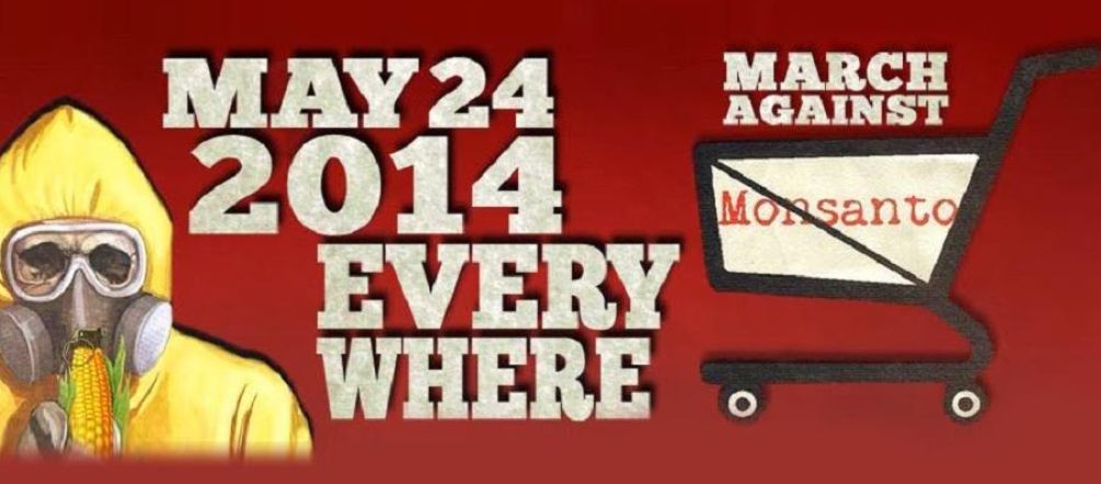 24 maggio, giornata della Marcia Mondiale contro Monsanto, in tutto il mondo Cartello della Marcia Mondiale contro Monsanto, con una figura con maschera antigas