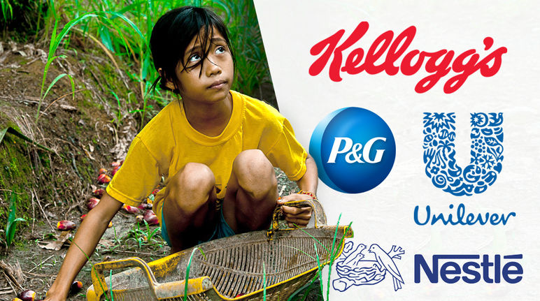 Una bambina in una piantagione di palma da olio guarda con ansia in direzione dei logo di Kellogg’s, Nestle,  Unilever e Procter & Gamble