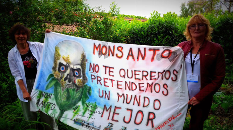 Sofía gatica e la giornalista Monique Robin manifestando contro Monsanto